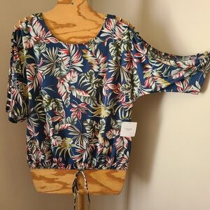 New Womens Multi-Color Palm Leaf 3/4 Sleeve Top Sz M By Perseption Concept